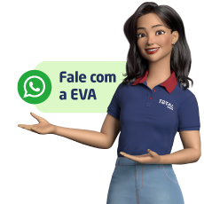 Assistente virtual EVA mulher de cabelos pretos e camisa azul com as mãos estendidas