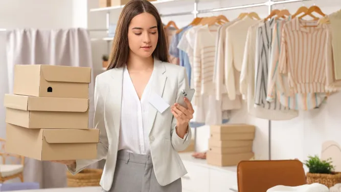 Buscando o que vender para ganhar dinheiro, uma jovem empreendedora confere o celular enquanto segura caixas de encomenda em sua loja de roupas.